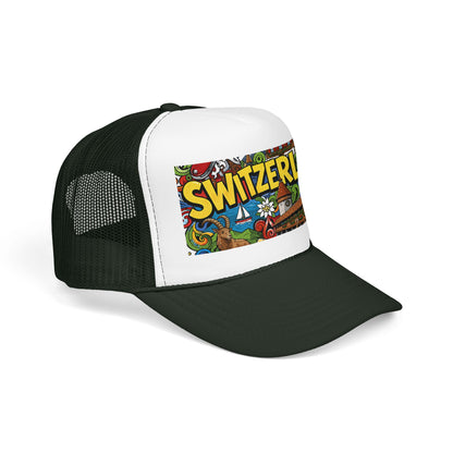 Trucker hat with dark green mesh, white front, dark green brim, and colorful Switzerland graphic