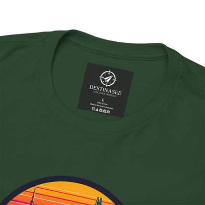 Dark green crewneck T-shirt with neck label and partial “SEOUL” city artwork