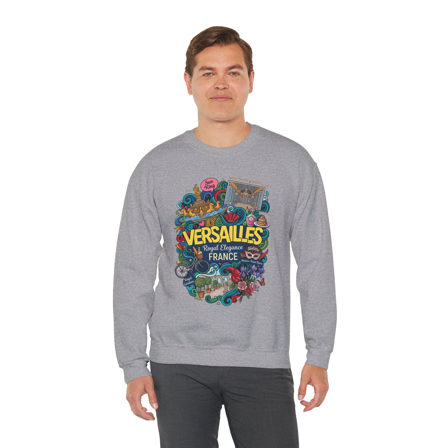 Heather gray crewneck sweatshirt with colorful Versailles-themed graphic on the front, worn