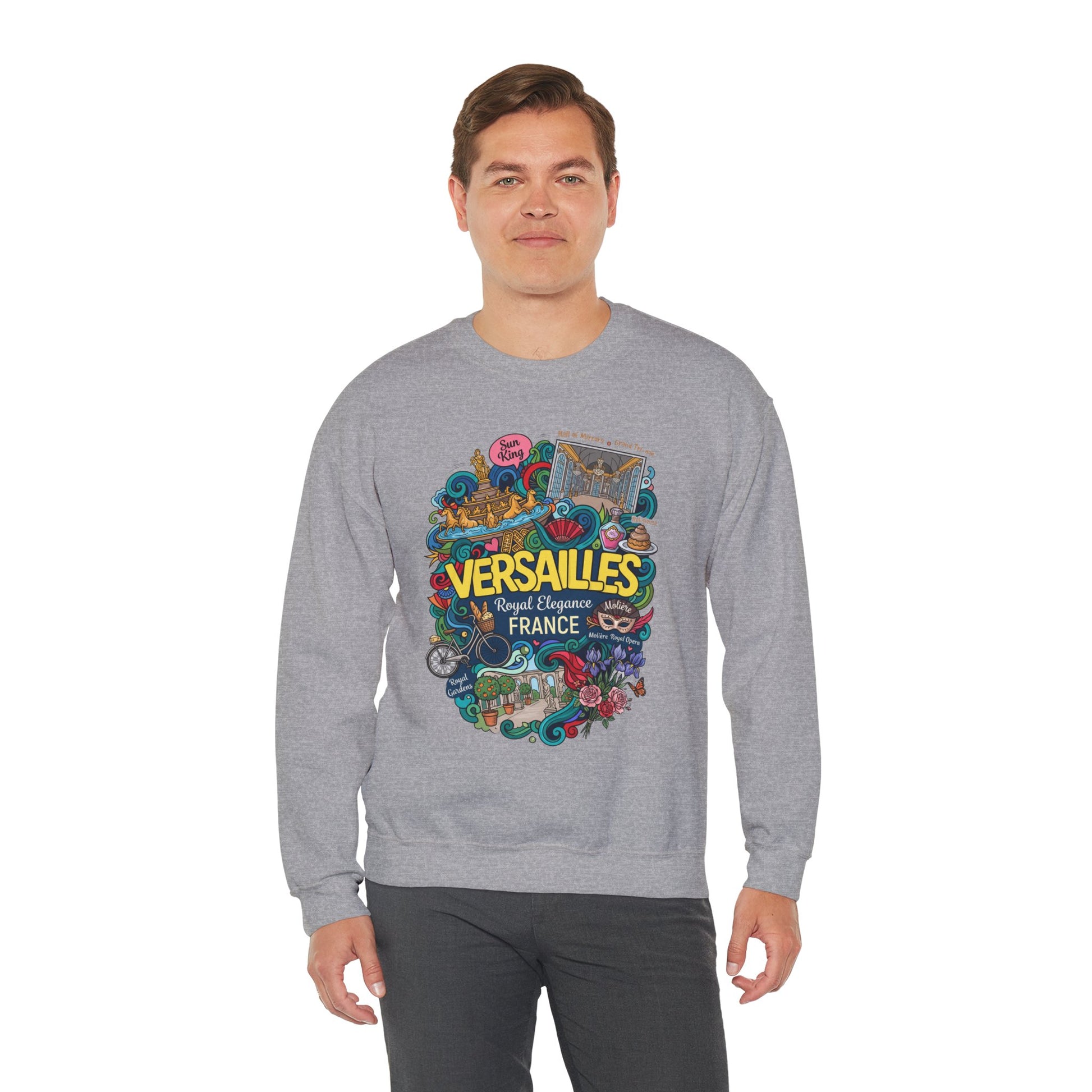 Heather gray crewneck sweatshirt with colorful Versailles-themed graphic on the front, worn