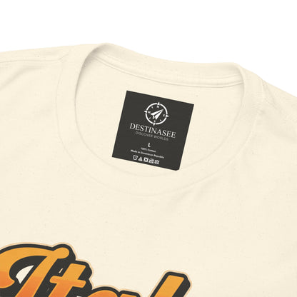 Cream T-shirt close-up of back neck label with logo, crew neck