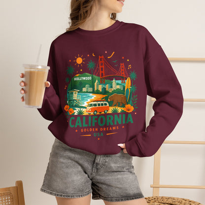 Maroon crewneck sweatshirt with colorful California Golden Dreams USA graphic front.