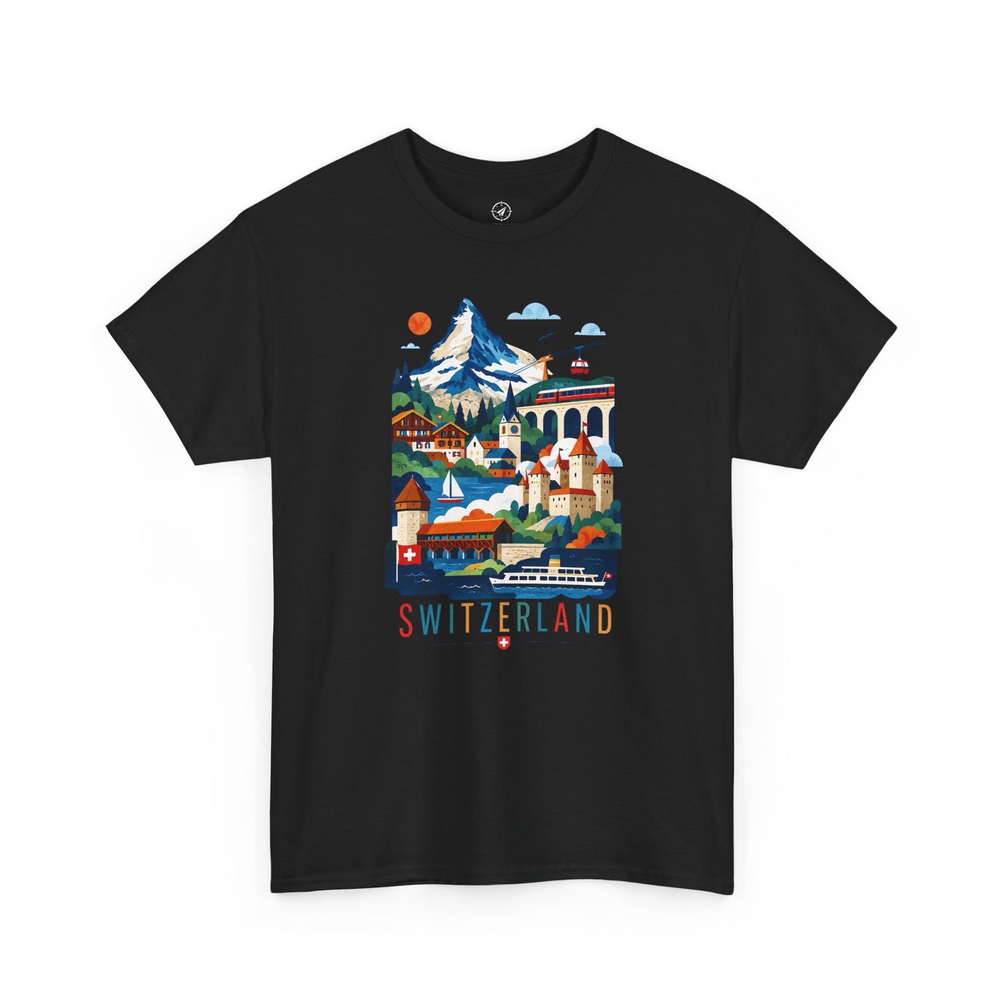 Black T-shirt with colorful Switzerland village graphic on the front