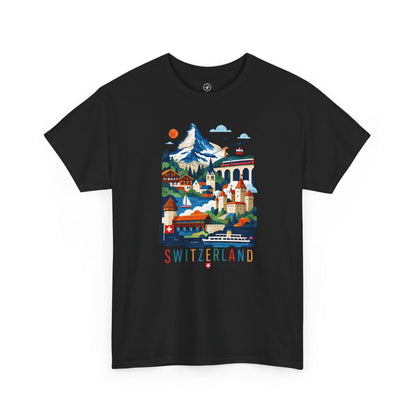 Black T-shirt with colorful Switzerland village graphic on the front