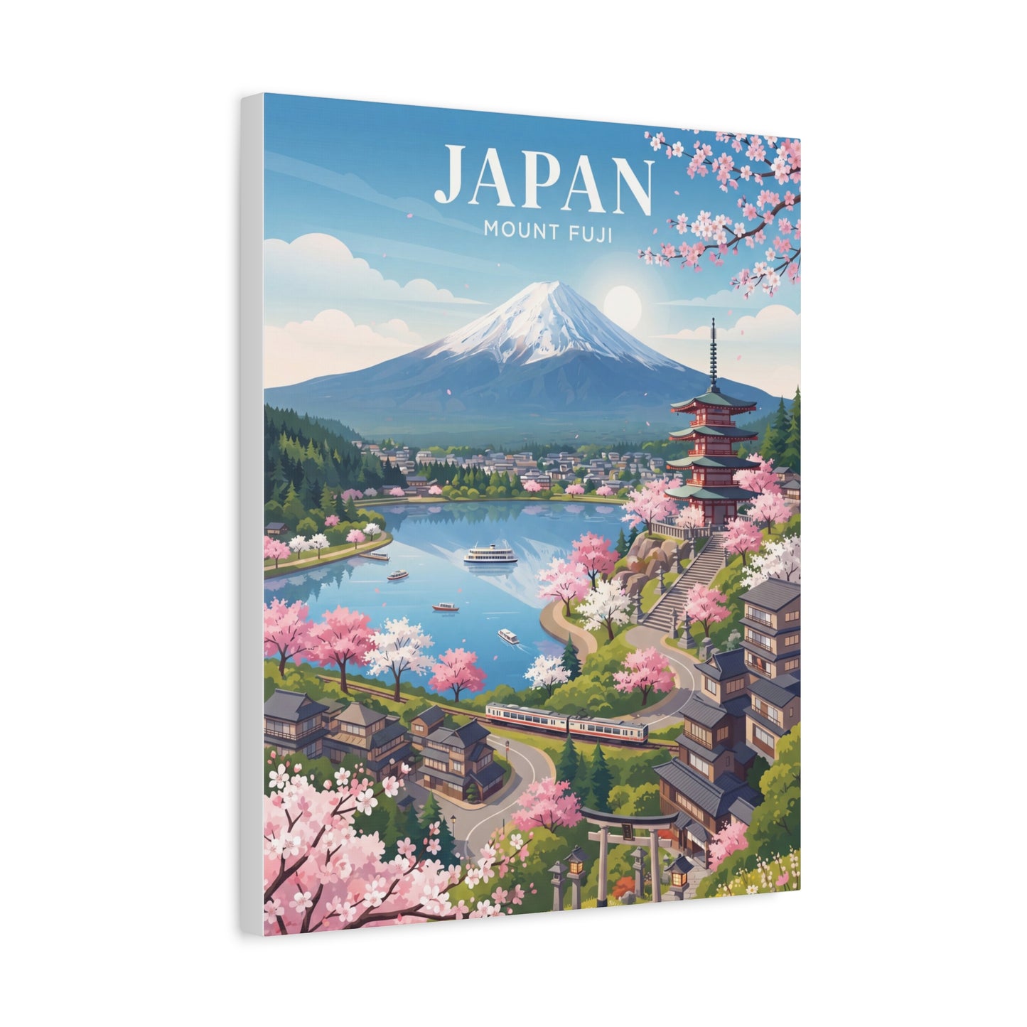 Mount Fuji cherry blossom scenic stretched canvas wall art with Mount Fuji centerpiece
