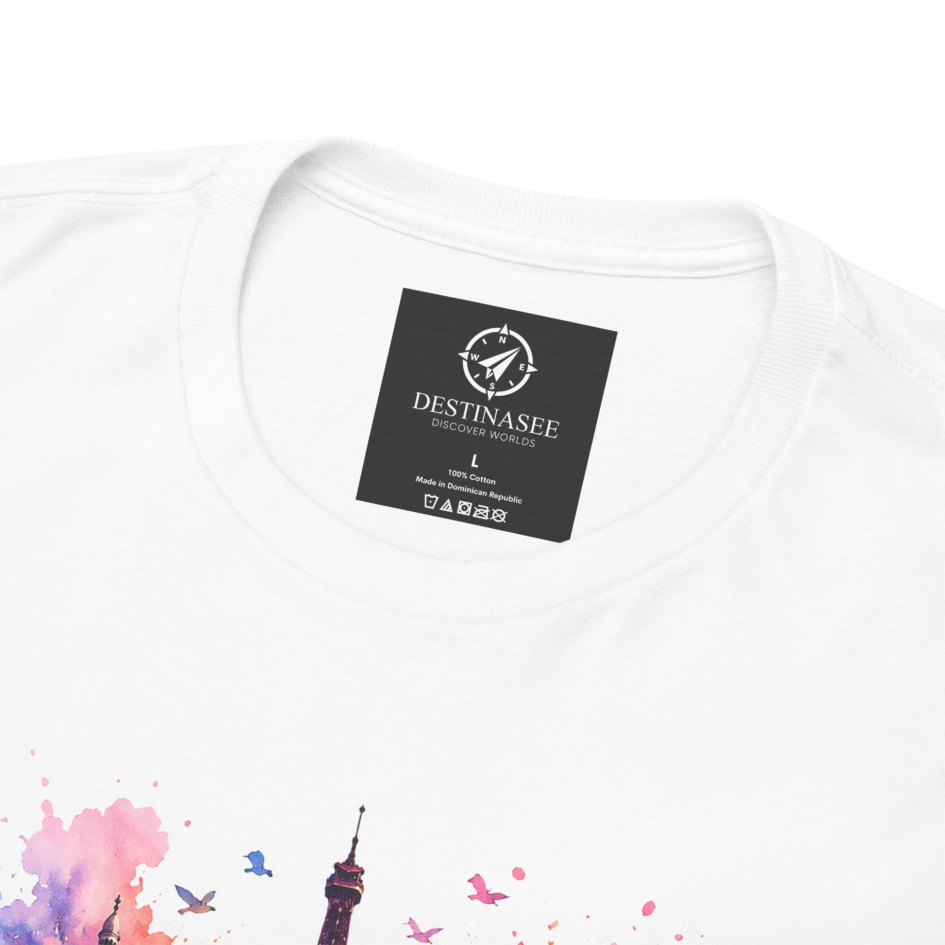 White crew-neck T-shirt close-up of neckline and small logo label