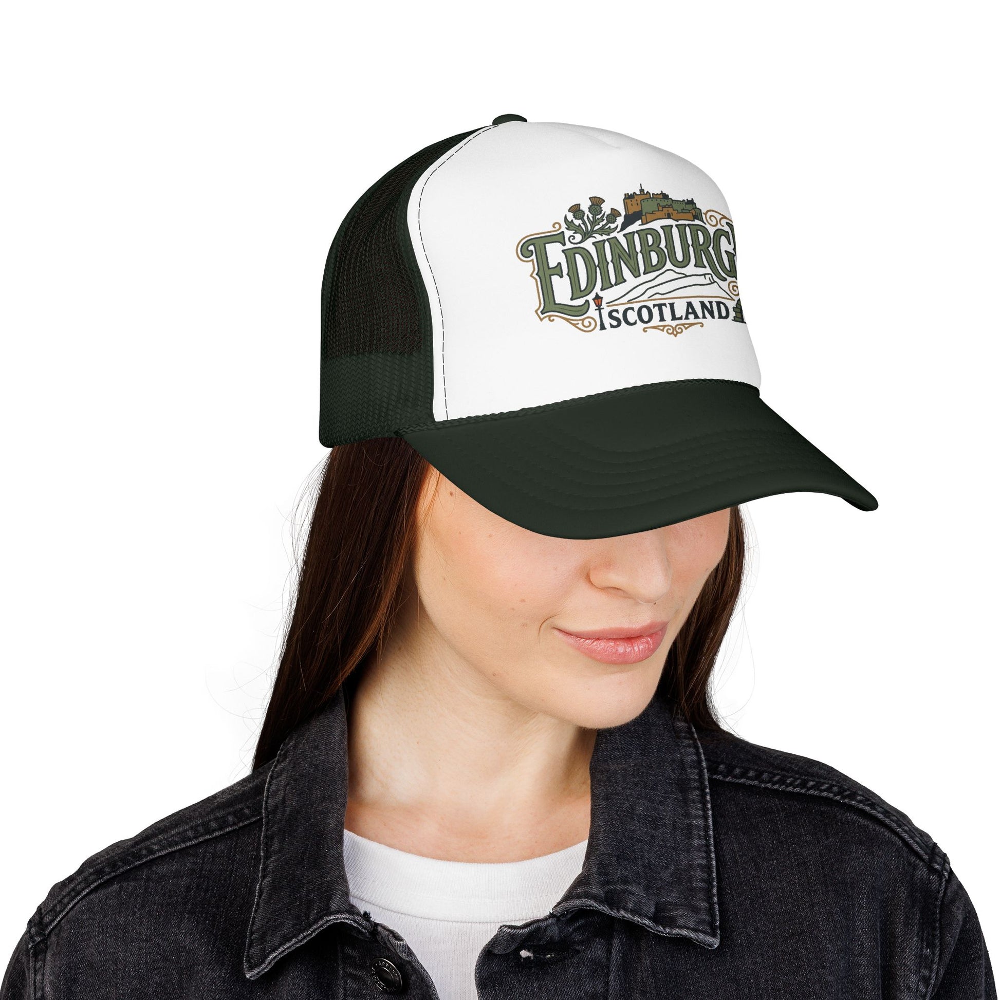 White front panel with dark green mesh trucker hat and “Edinburgh Scotland” logo on front.