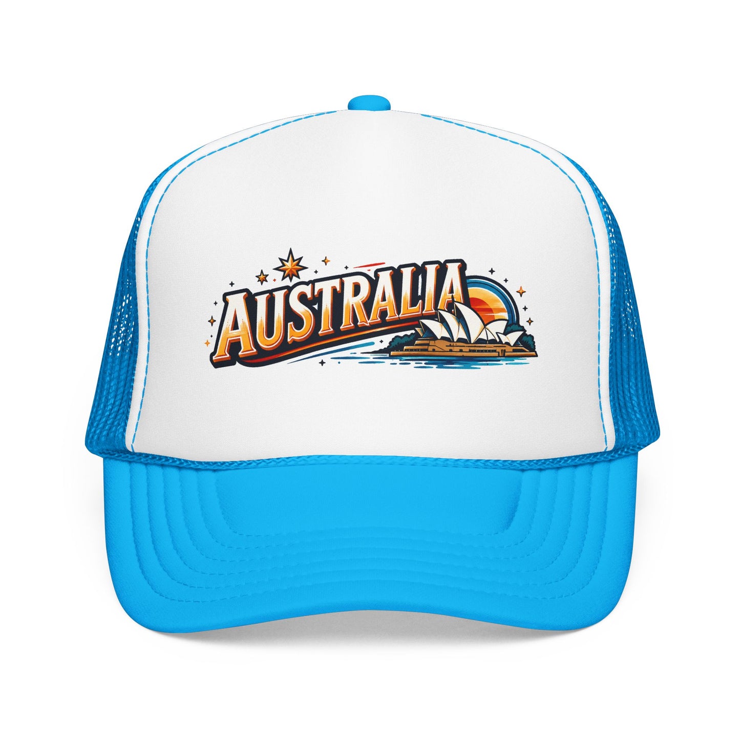 White front panel light-blue trucker cap with Australia graphic and curved brim