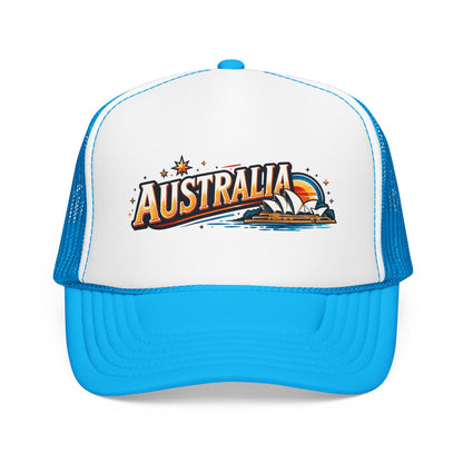White front panel light-blue trucker cap with Australia graphic and curved brim