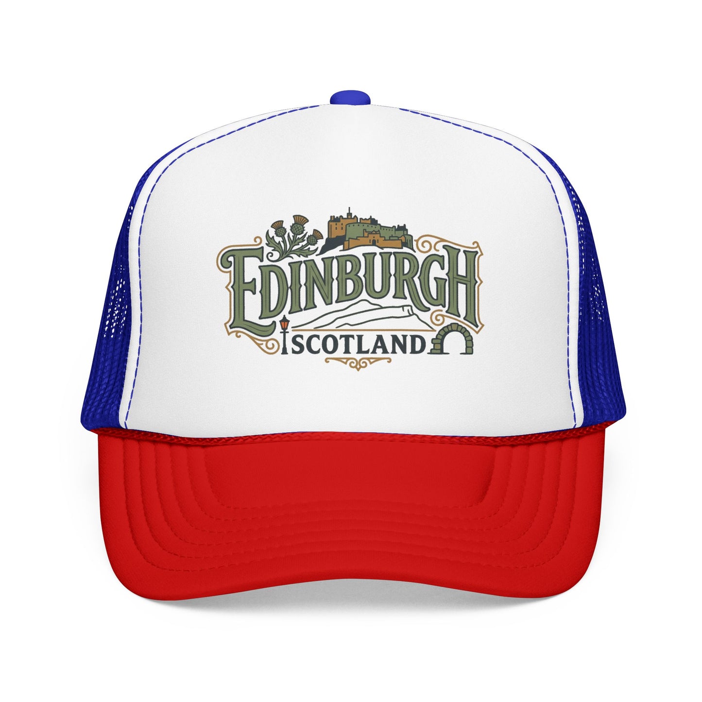 Red and white trucker hat with mesh back and Edinburgh Scotland logo front.