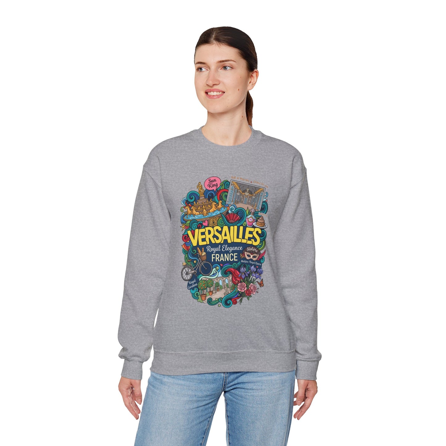 Heather gray crewneck sweatshirt with colorful Versailles illustrated graphic on the front