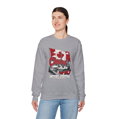 Sport gray crewneck sweatshirt on model with Canada flag canoe graphic and long sleeves.