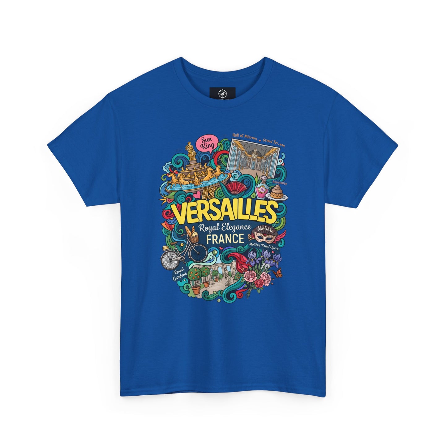 Royal blue crew-neck short-sleeve T-shirt with colorful Versailles France graphic.