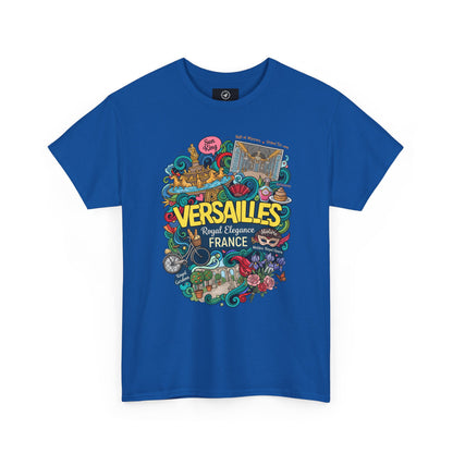 Royal blue crew-neck short-sleeve T-shirt with colorful Versailles France graphic.