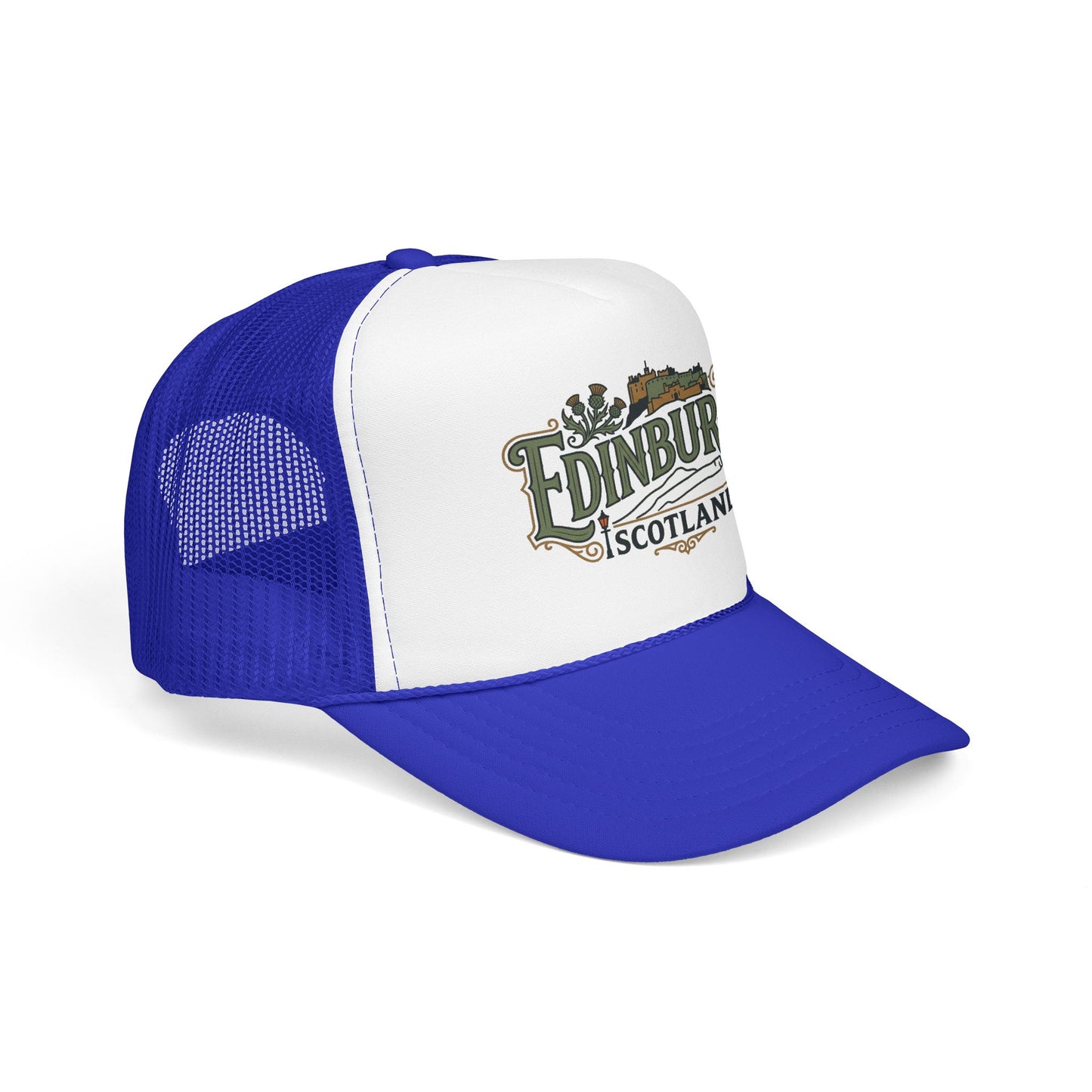 Blue mesh and white front trucker hat with “Edinburgh Scotland” logo and blue brim