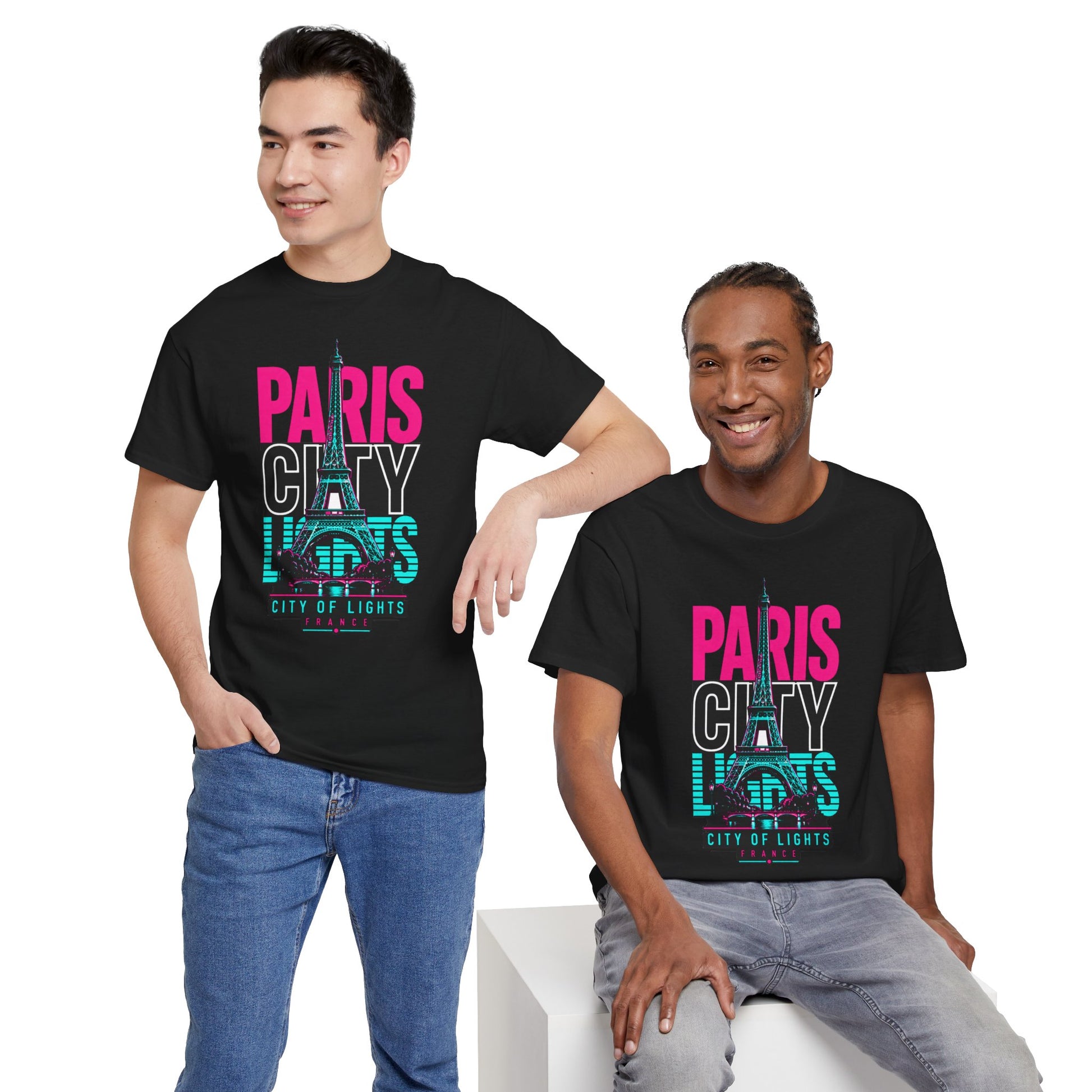 Black crewneck T-shirt with neon 'PARIS CITY' Eiffel print