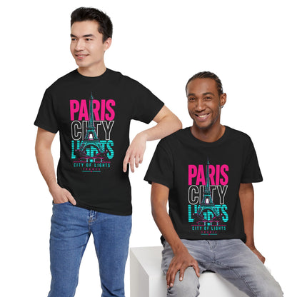 Black crewneck T-shirt with neon 'PARIS CITY' Eiffel print