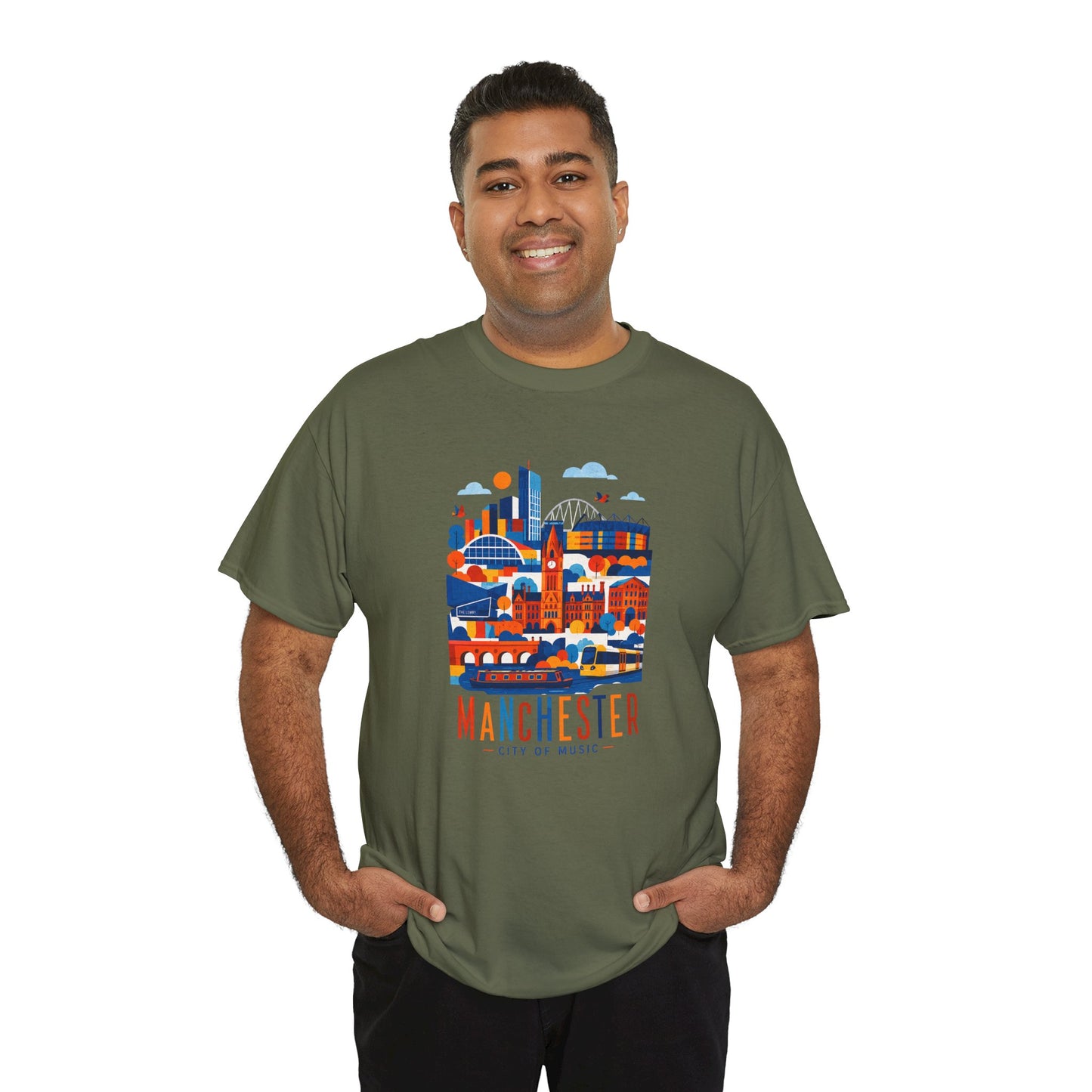 Olive green T-shirt with colorful Manchester skyline graphic, short sleeves
