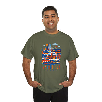 Olive green T-shirt with colorful Manchester skyline graphic, short sleeves