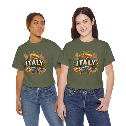 Olive green vintage travel T-shirt with large “ITALY” crest graphic on chest