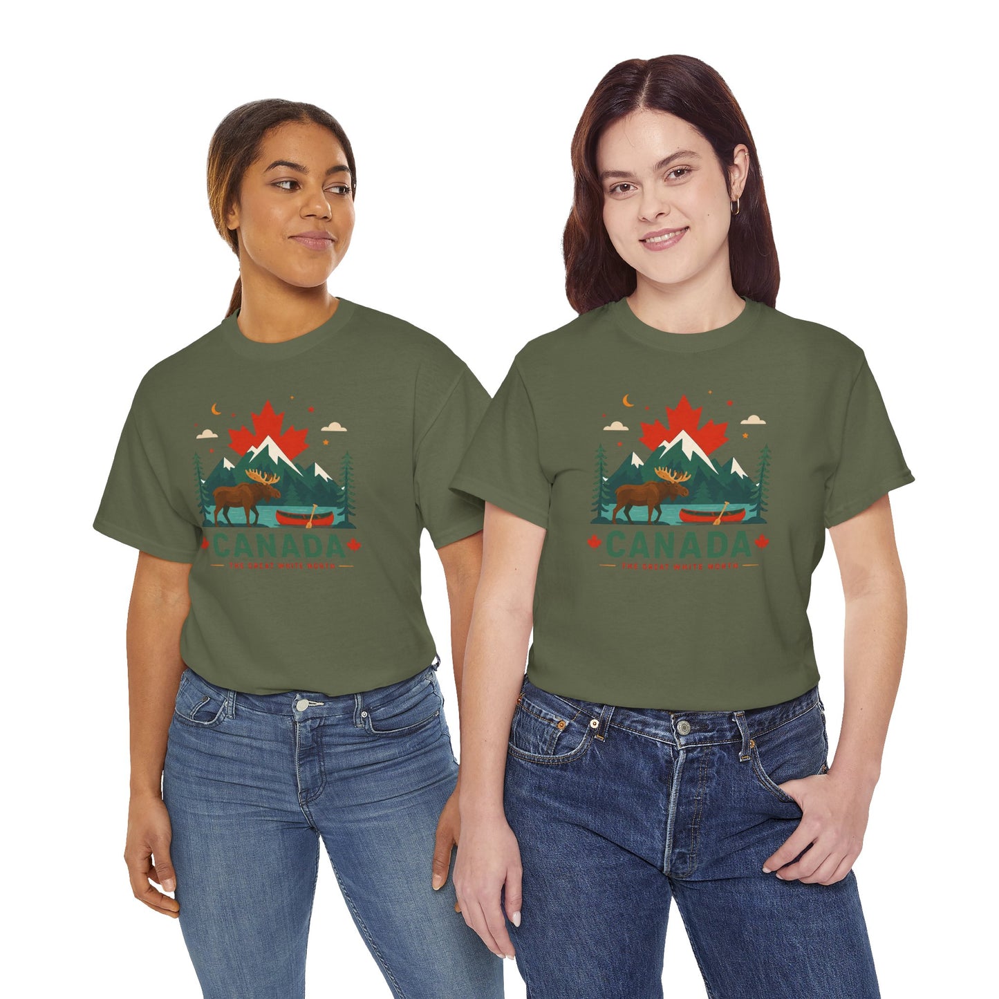 Olive green graphic camping T-shirt with maple leaf and CANADA print