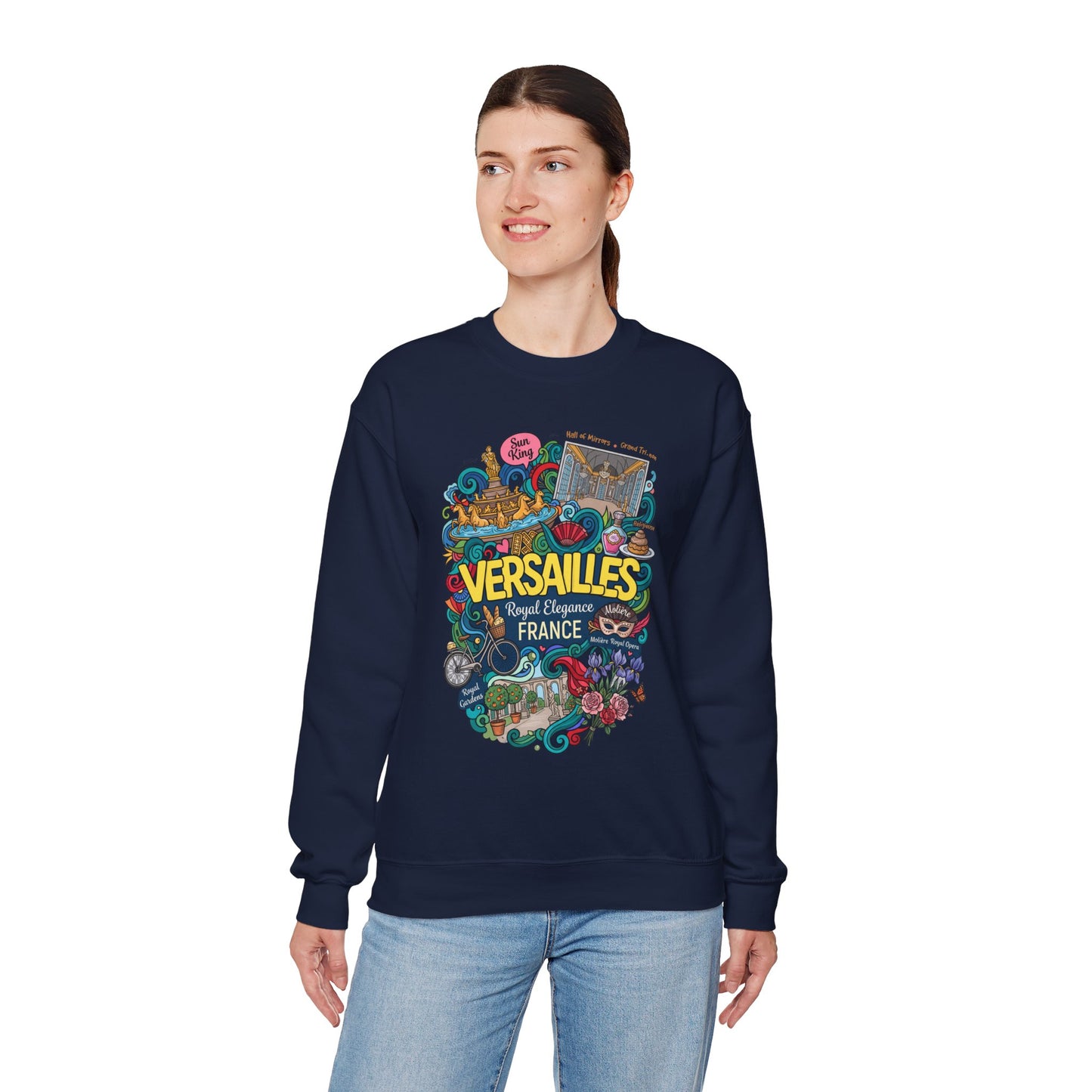 Navy crewneck sweatshirt with colorful Versailles illustrated graphic on the front