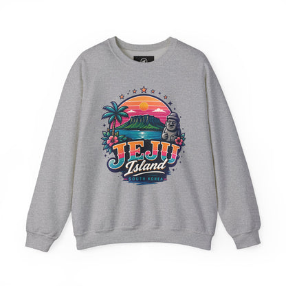 Heather gray crewneck sweatshirt with colorful front graphic print