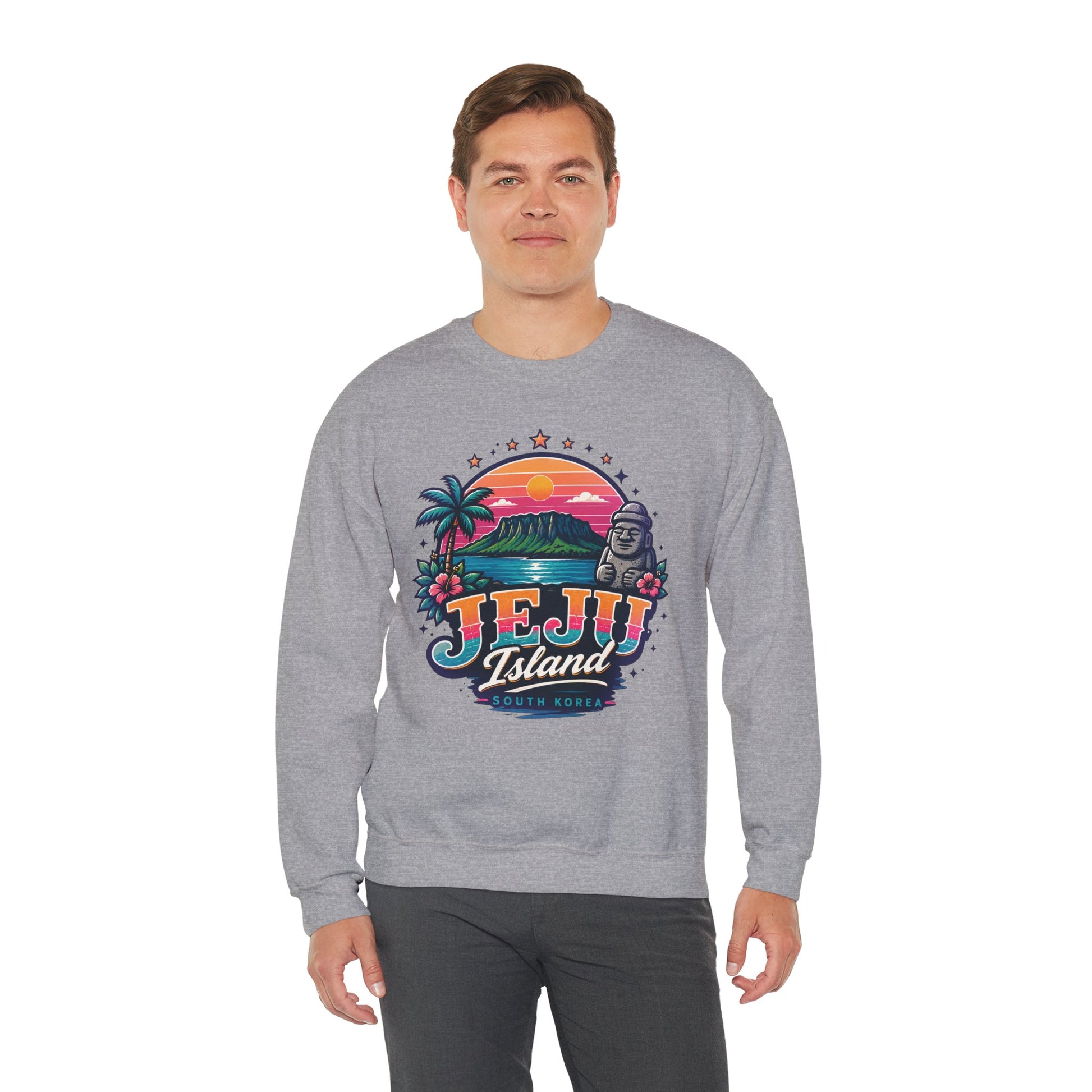 Heather gray crewneck sweatshirt with colorful front graphic print