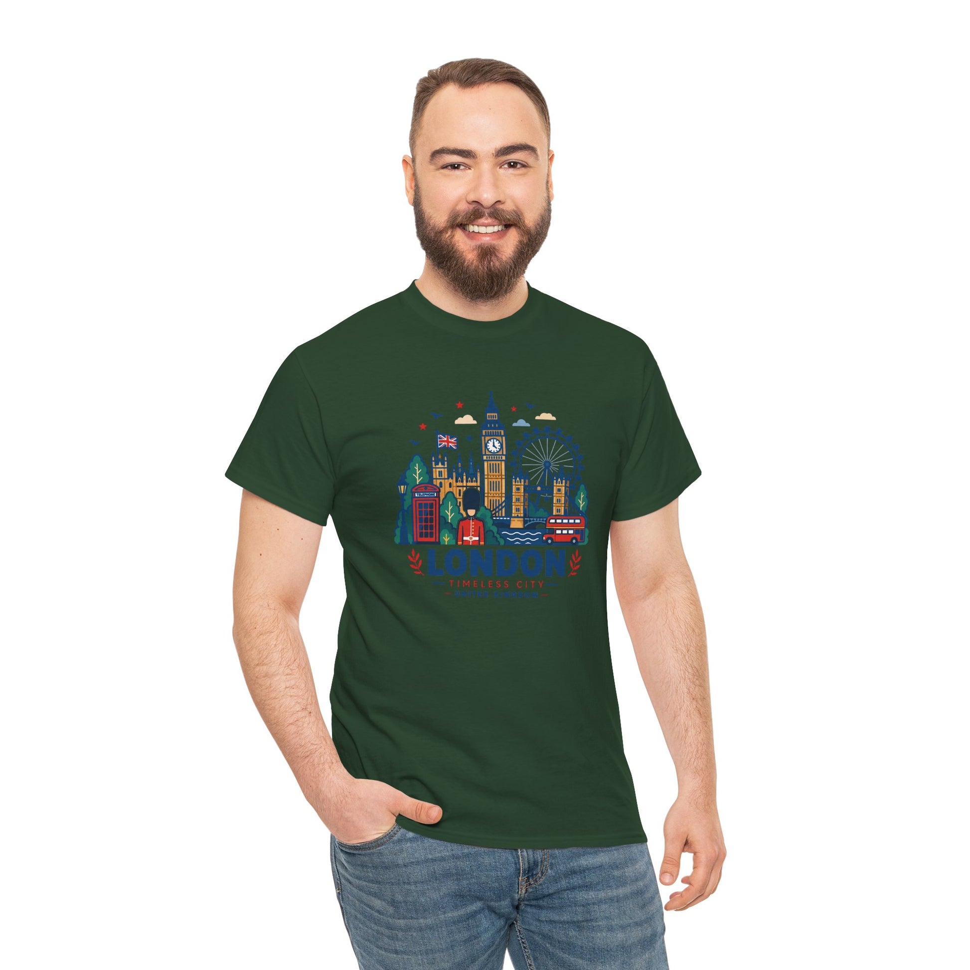 Green crew-neck T-shirt with colorful London skyline graphic on the chest.