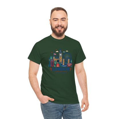 Green crew-neck T-shirt with colorful London skyline graphic on the chest.