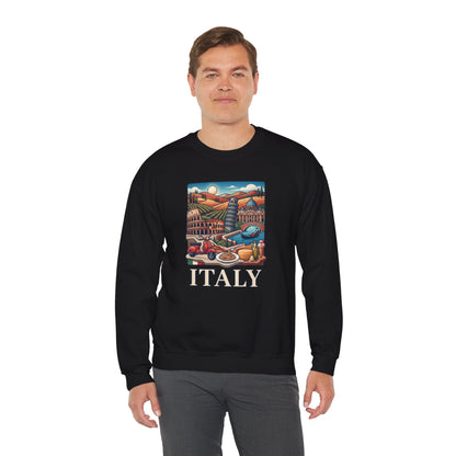 Black crewneck sweatshirt with colorful 'ITALY' graphic on the chest