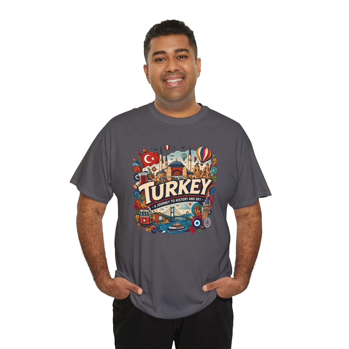 Charcoal graphic tee with colorful Turkey travel-themed front print