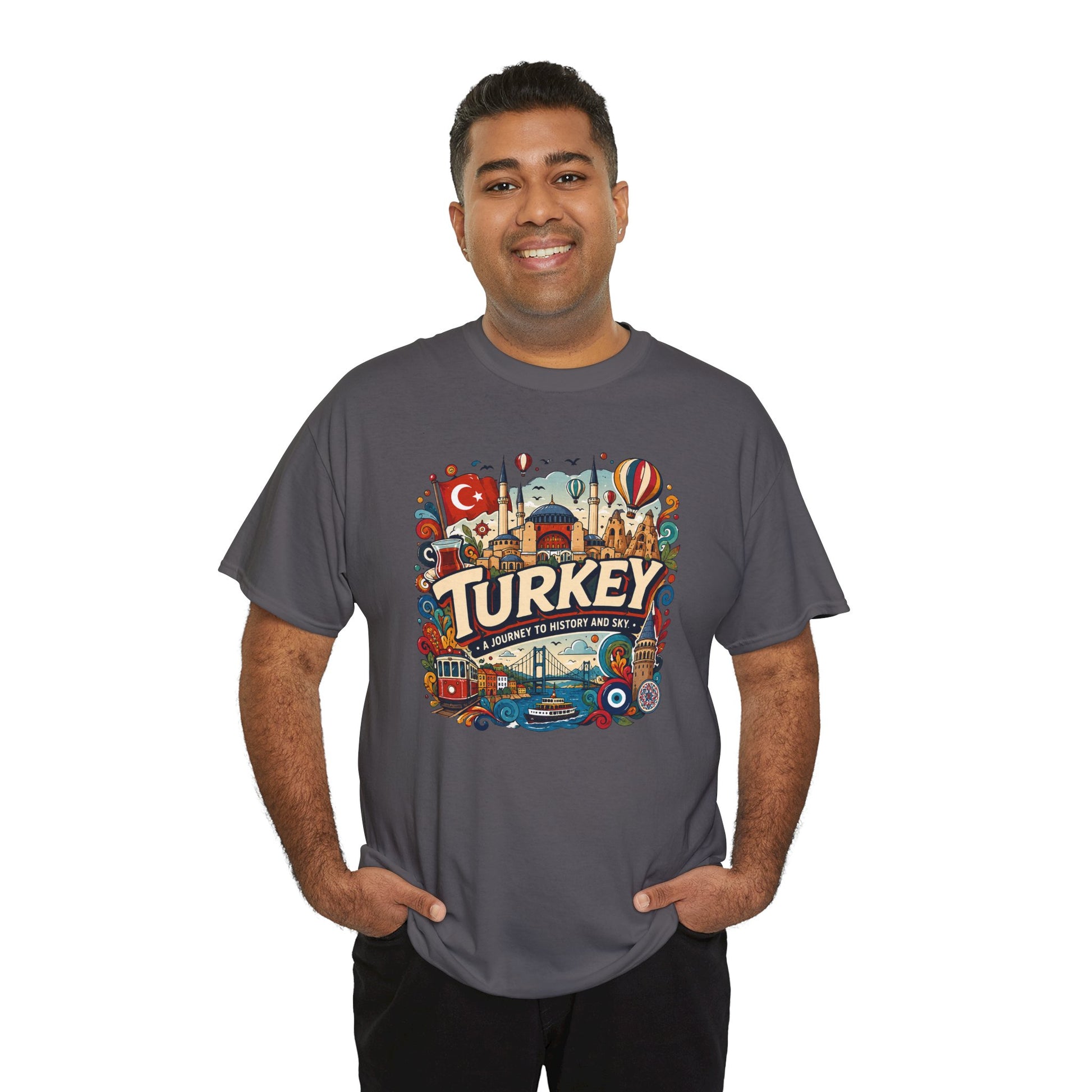 Charcoal graphic tee with colorful Turkey travel-themed front print