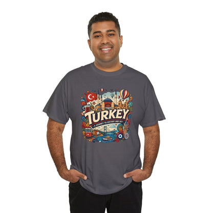 Charcoal graphic tee with colorful Turkey travel-themed front print