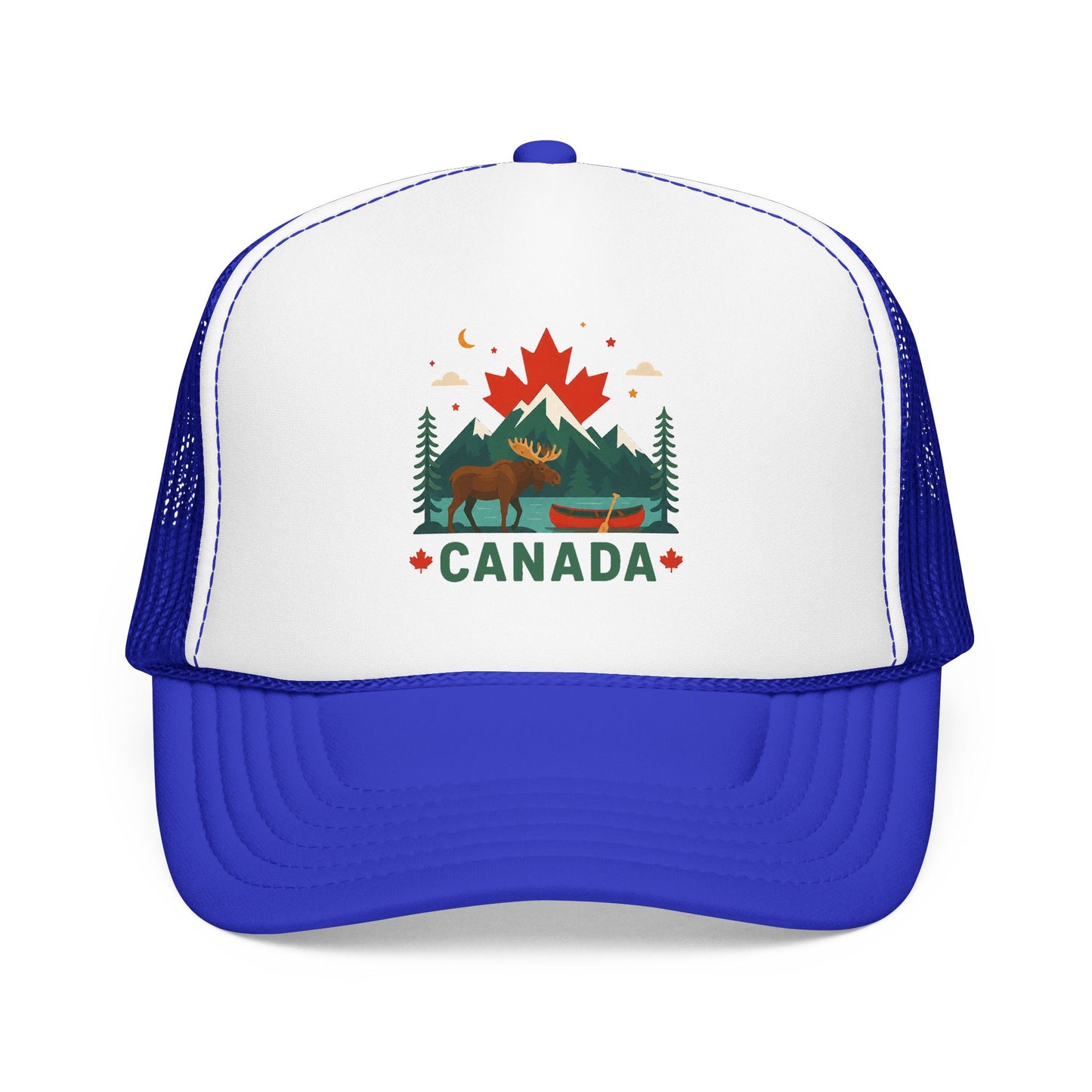Blue and white trucker hat with mesh back and embroidered Canada logo