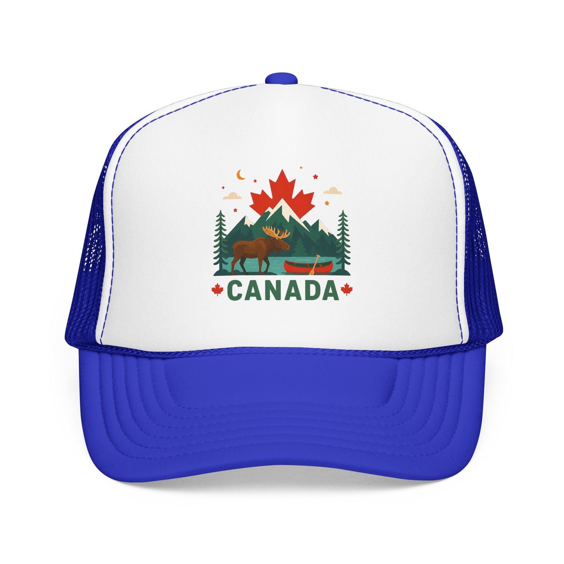 Blue and white trucker hat with mesh back and embroidered Canada logo