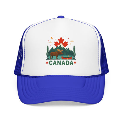 Blue and white trucker hat with mesh back and embroidered Canada logo