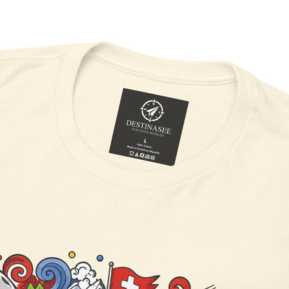 Switzerland-themed T-shirt in natural cream with neck label and partial front graphic
