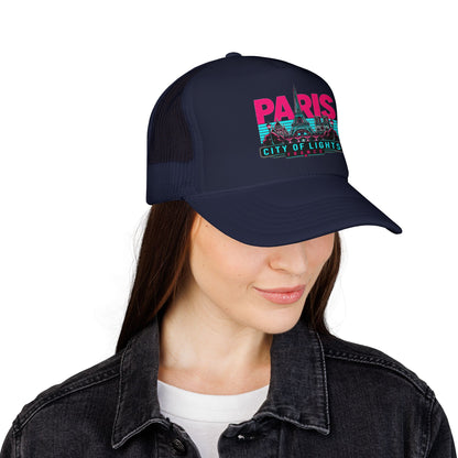 Navy mesh-back trucker hat with 'PARIS' logo on front and curved brim