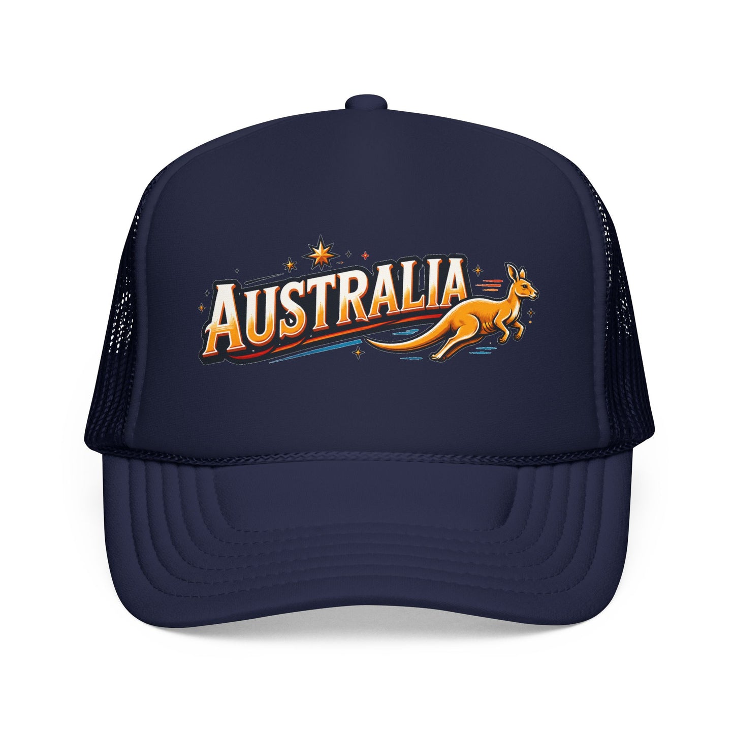 Navy trucker hat with AUSTRALIA kangaroo logo patch and mesh side panels