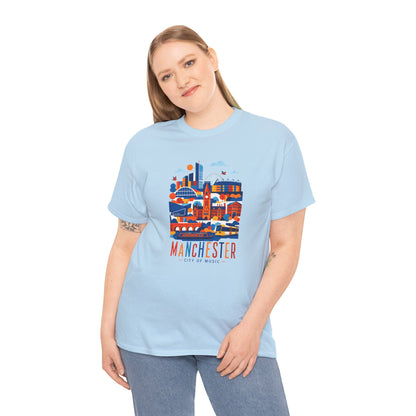Light blue Manchester Skyline T-shirt with front Manchester skyline illustration.