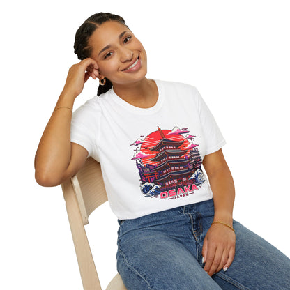 White T-shirt with Osaka graphic print, worn by a smiling person.