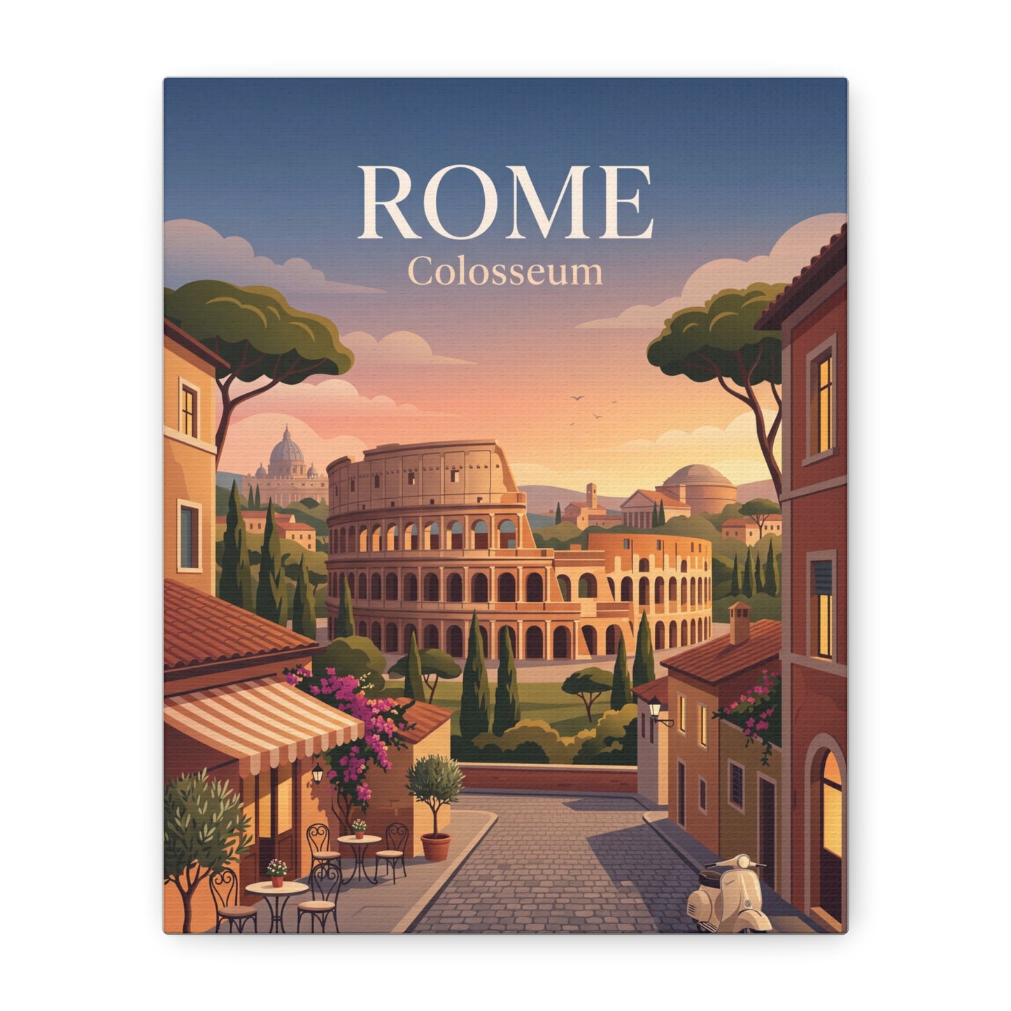 Square matte canvas print of Rome Colosseum courtyard scene with “ROME” heading
