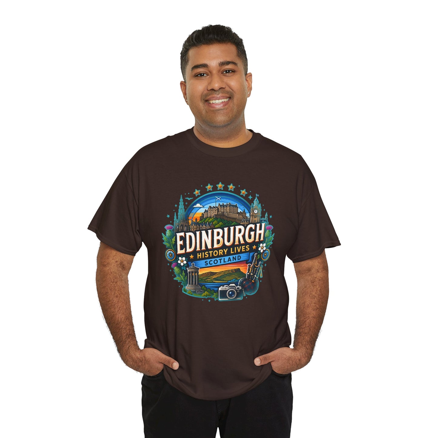 Dark brown travel T-shirt on a man, crew neck, short sleeves, front Edinburgh graphic