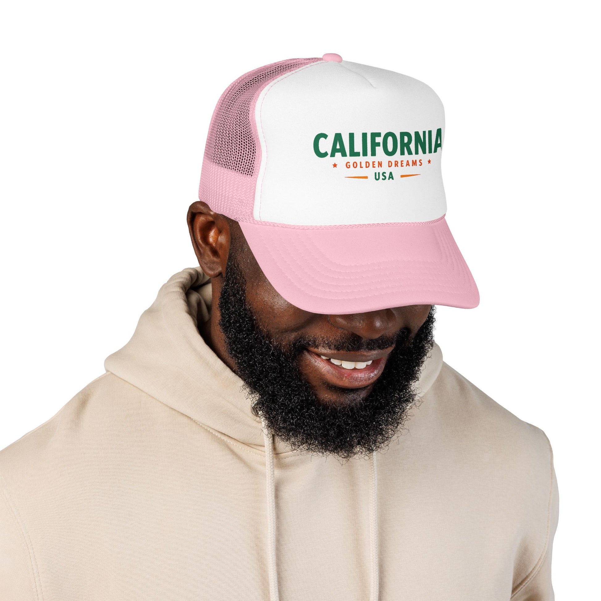 Light pink mesh trucker hat with white front and green “CALIFORNIA GOLD DREAMS USA” patch