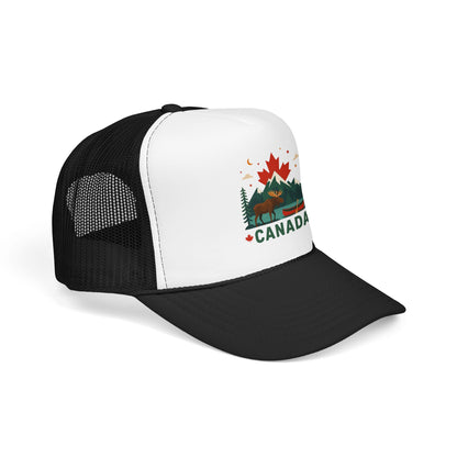 Black and white mesh trucker hat with Canada patch logo and curved brim