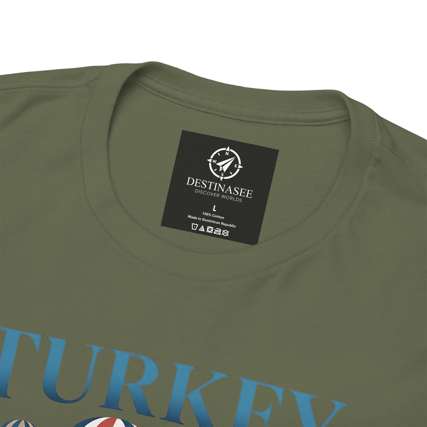 Olive green T-shirt neckline detail with small brand tag on the back