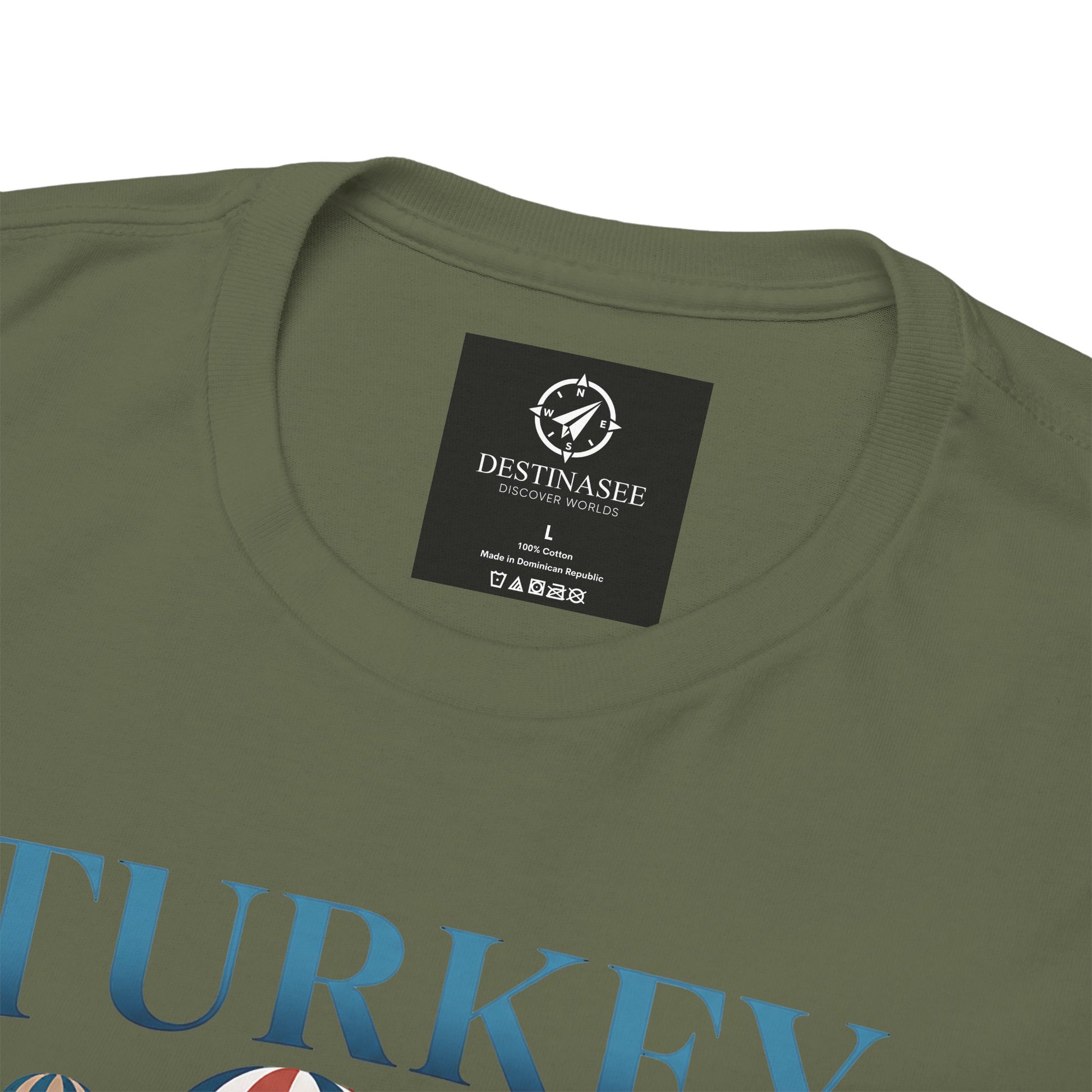 Olive green T-shirt neckline detail with small brand tag on the back