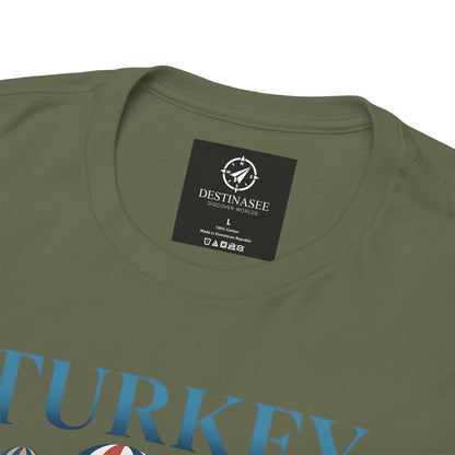 Olive green T-shirt neckline detail with small brand tag on the back