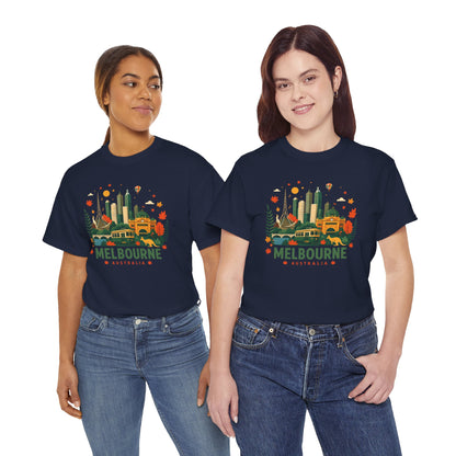 Navy T-shirt with colorful Melbourne skyline and text graphic on the front